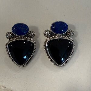 Reve Signed Sterling Silver Blue Lapis Lazuli & Black Onyx Earrings